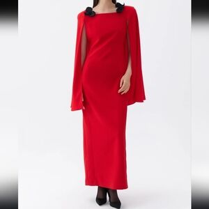 Nocturne‎ Cape Sleeve Fancy Red Dress with Black Rose Accents